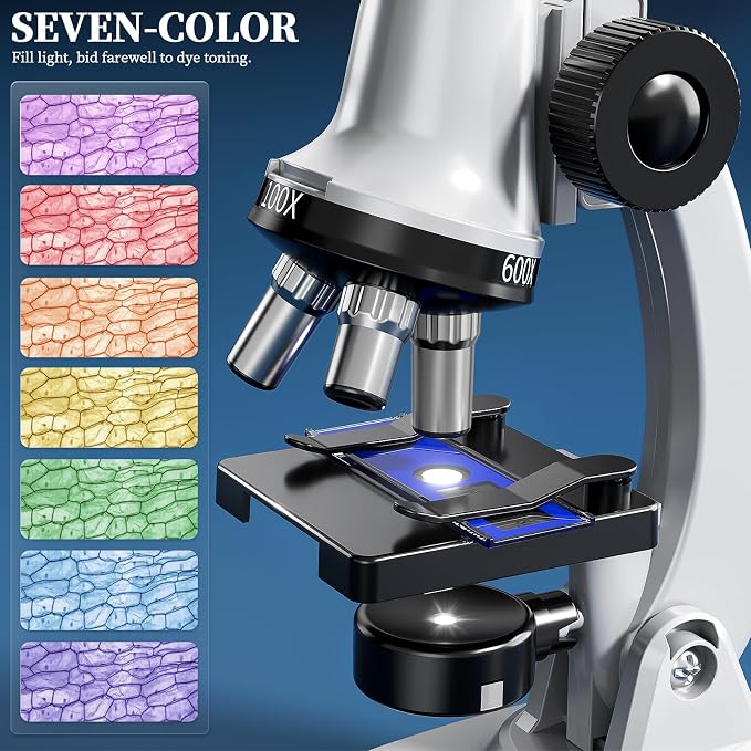 65Pcs Microscope Kit Toys 100X-1200X Magnification for Kids 3-13 | Microscope with 100X-1200X magnification, 7 colors light and 12 prepared slides, Christmas gift for kids science experiments