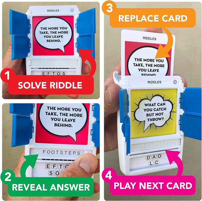 Riddles Travel Game - Guess 100 Riddles | Flash Cards with Slide Reveal Case | Card Game, Gift, Stocking Stuffer | Fun for Kids and Adults | Ages 6+