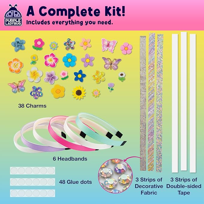 PURPLE LADYBUG Flower Headband Making Kit for Girls - Summer Toys for Kids Ages 4-8, Summer Crafts for Kids, 6 Year Old Girl Birthday Gift, Hair Accessories for Girls, Decorative Craft Activity Set