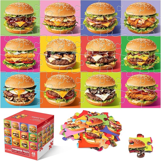 Jumbo Floor Puzzle for Kids,48 Piece Hamburger Jigsaw Puzzle Ages 3-8 | Food-themed Learning Puzzle with Colorful Hamburger,Extra-thick Cardboard,35x24 in Completed,Preschool Gift for Boys and Girl