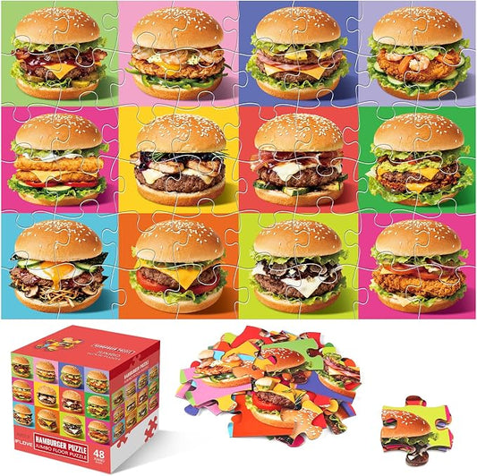 Jumbo Floor Puzzle for Kids,48 Piece Hamburger Jigsaw Puzzle Ages 3-8 | Food-themed Learning Puzzle with Colorful Hamburger,Extra-thick Cardboard,35x24 in Completed,Preschool Gift for Boys and Girl