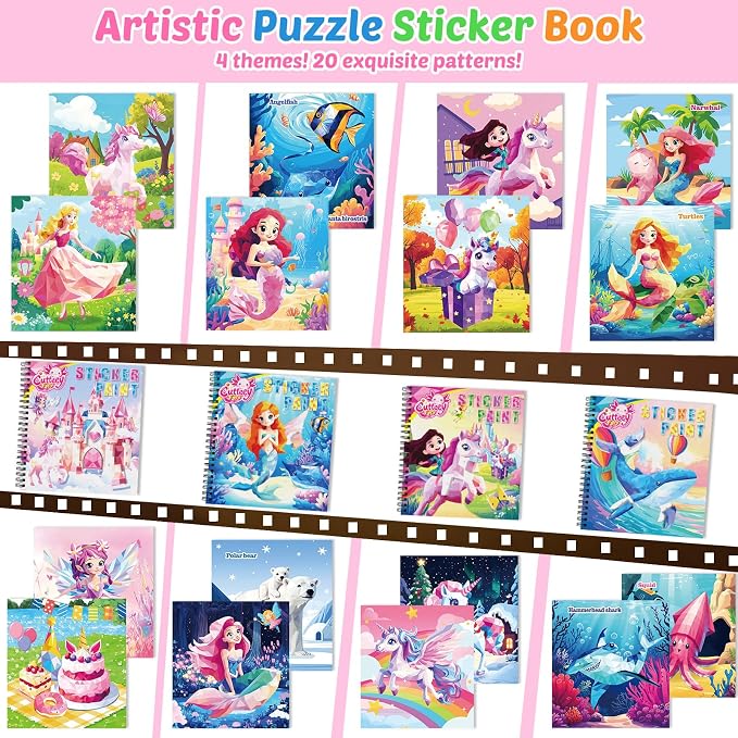 4Pcs Paint by Number Sticker Book with Story for Kids Ages 4-8 | Paint by Sticker Activity Books for Girls, Screen-Free Travel Airplane Car Toy, Art Craft Puzzle Gift for kids 3-12