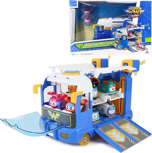 Super Wings Season 7 New Super Pets' Mini Base，Transforming Playset from Bus to Aircraft, with Super Pet Jett & Dizzy, Role Play Toys for Kids, Gifts for Girls Boys Age 3+