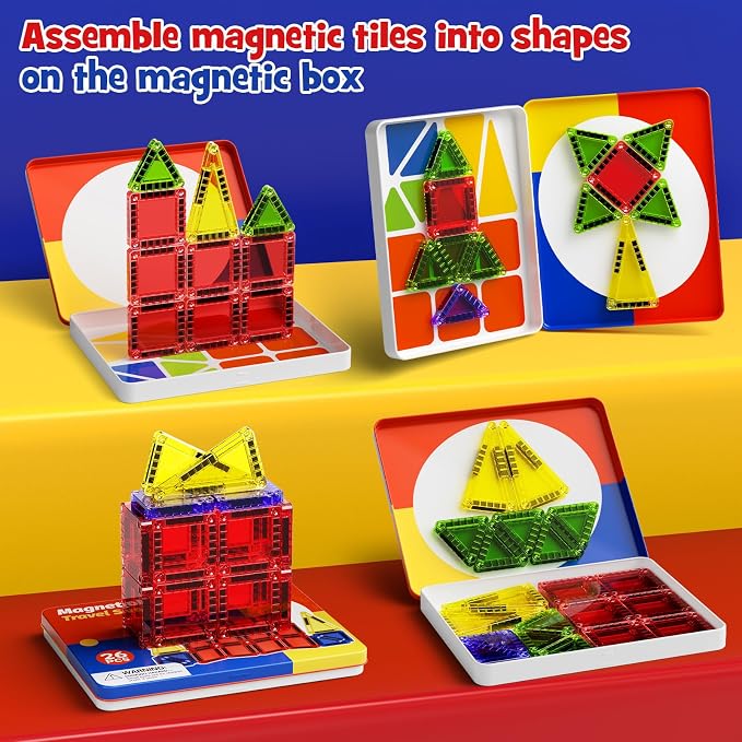 WMXDU Mini Magnetic Tiles with Iron Case, Kid's Travel Essential | Portable Creativity On-The-Go Magnet Blocks STEM Travel Toys for Toddler Boys Girls Ages 3+, 26-Piece