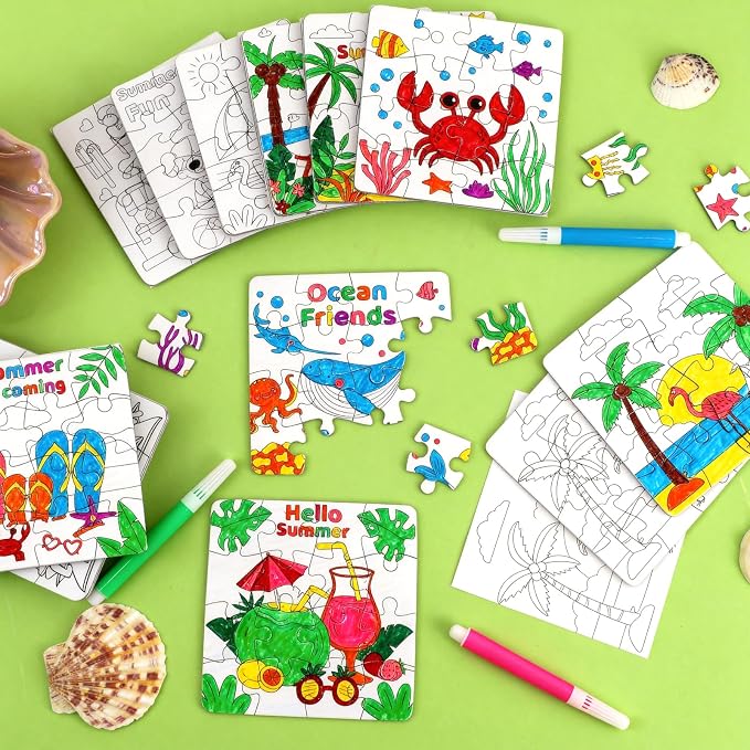 24Set Summer Arts & Crafts for Kids Adults Bulk, Hawaiian Summer Activity DIY Puzzle Kit with Beach Tropical Palm Tree, Luau Ocean Theme Painting for Classroom Party Favors Gift Coloring Game Supplies