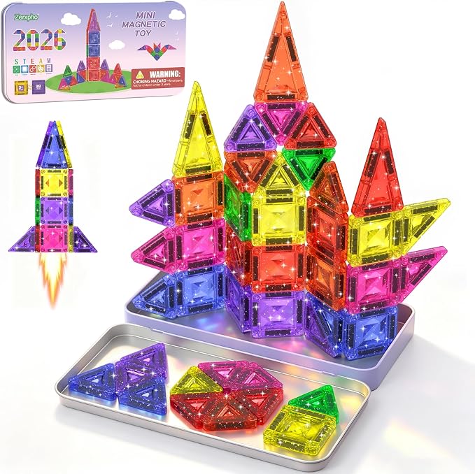 38PCS Mini Magnetic Tiles Glitter Diamond Pattern Magnetic Tiles Travel Set | Magnetic Blocks Building Toys with Case for Kids Ages 4-8, Portable Creativity Boosting Sensory Toys for Boys Girls Gift