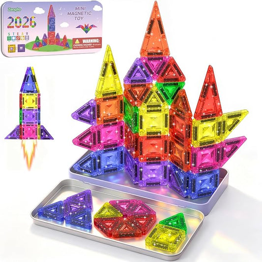 38PCS Mini Magnetic Tiles Glitter Diamond Pattern Magnetic Tiles Travel Set | Magnetic Blocks Building Toys with Case for Kids Ages 4-8, Portable Creativity Boosting Sensory Toys for Boys Girls Gift
