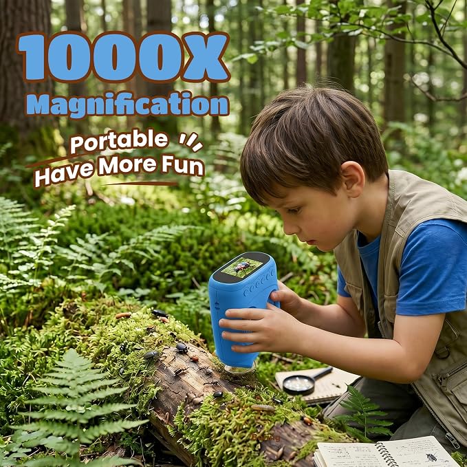 1000X Digital Microscope for Kid Handheld: 2-in-1 Telescope Portable STEM Toy - Birthday Gift for Boy Girl - Science Kits 10X Magnifying Glass for Age 3-8 8-12 USB Gadget Blue