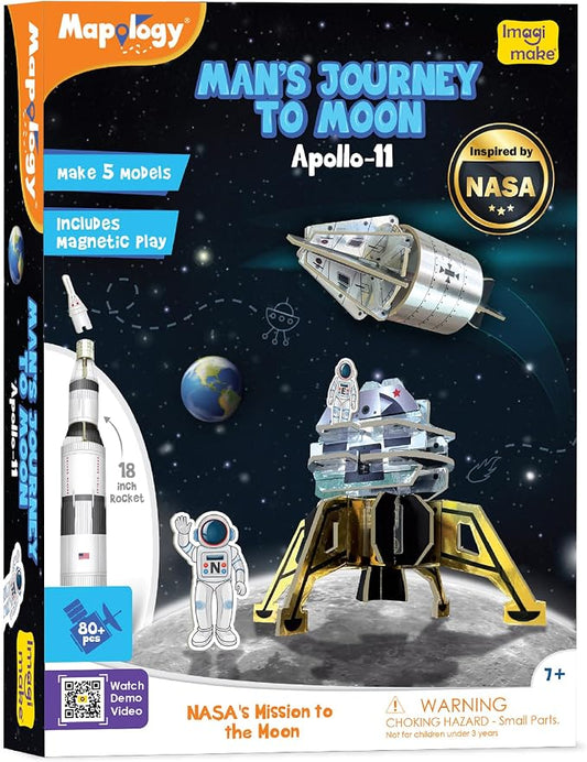 Imagimake Mapology Man's Journey to Moon, Apollo 11 3D Model Kit for Kids | Educational STEM Model Kit, Build Rockets & Satellites, Back to School Gift for Boys & Girls Ages 8,9,10,11,12 Years Old