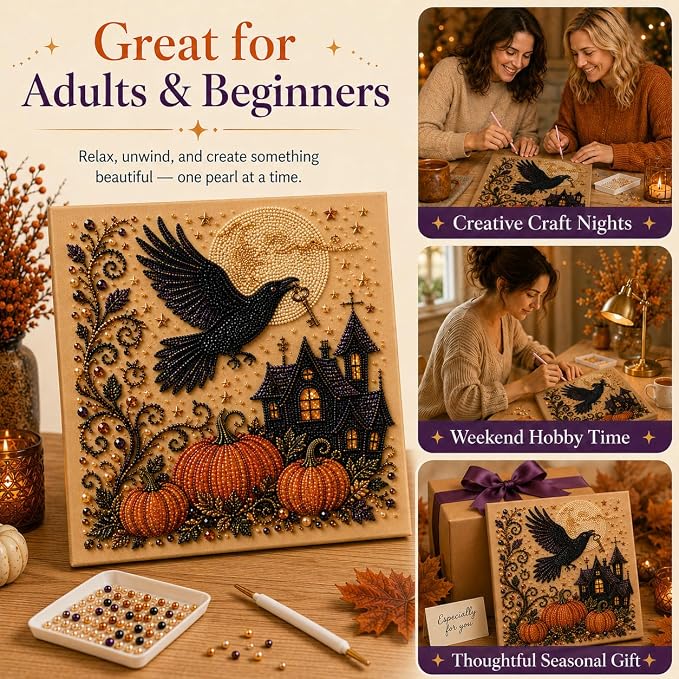 Halloween Pearl Art Kit for Adults, DIY Fall Craft (Crow) | Create textured Halloween decor through a screen-free, beginner-friendly craft activity.