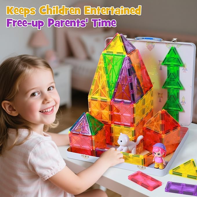 Premium Magnetic Tiles 100pcs: Durable STEM Building Blocks Kids 3-8 | Iron case with handle, lid as play base. 7.5cm tiles, sealed, ASTM & CPSIA safe. Montessori STEM for preschool. Gift 3-8