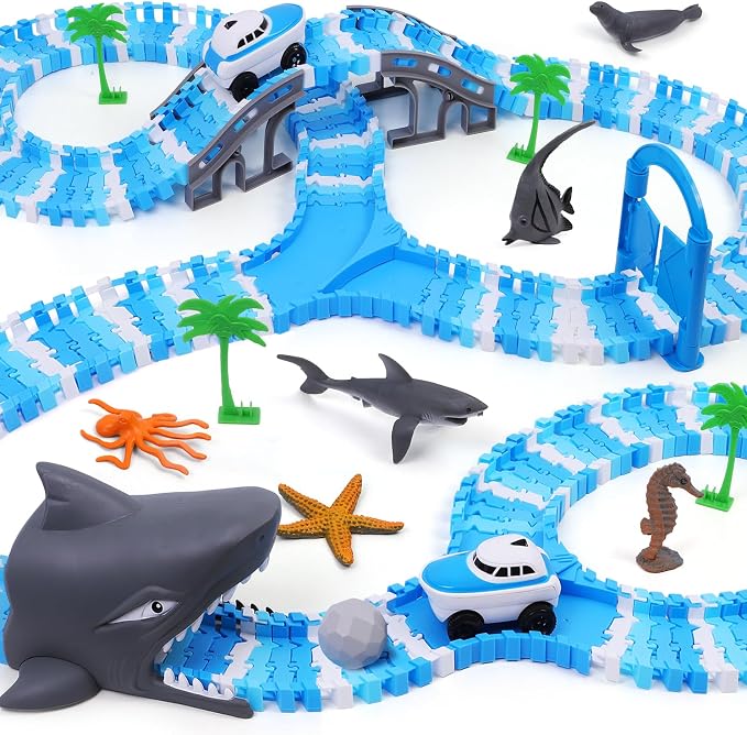 Ocean Theme Flexible Race Car Tracks for Kids, Birthday Gift for Boys Age 3 4 5 6 7 Years Old, 240+ PCS Buildable Car Track Playset with Shark Tunnel and Sea Creature Accessories