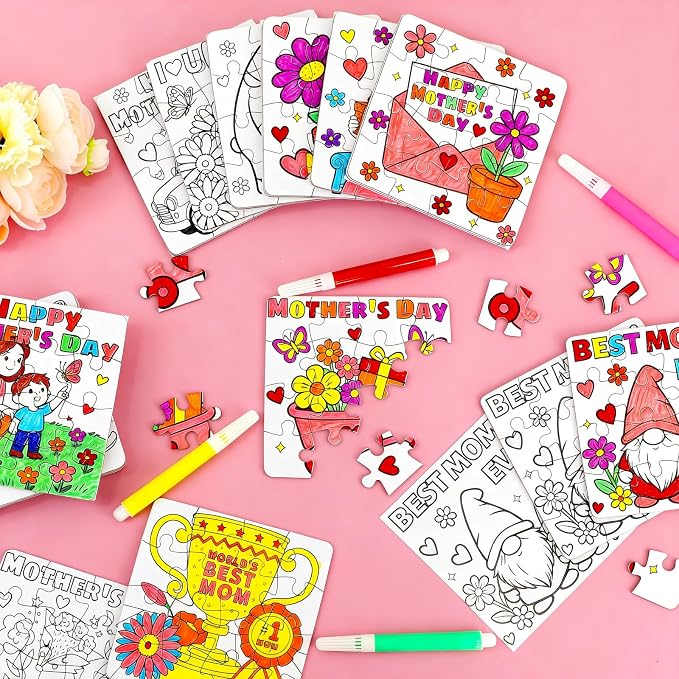 24 Set Mothers Day Crafts for Kids Classroom Bulk, Mother's Day Arts and Crafts DIY Paper Jigsaw Puzzle with Flower Bear Heart, Spring Activities Painting Kits for School Gifts Party Favors & Goodies