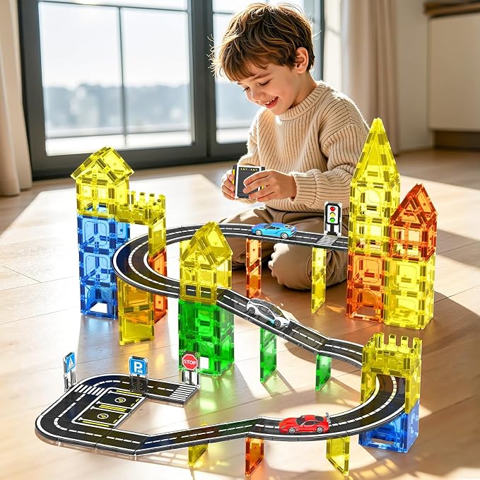 Magnetic Tiles Road Set, Roads Expansion Pack, Magnetic Blocks Building Toys for Toddler, Creative Montessori Toys for 3+ Year Old Boys & Girls, Ideal Gifts for Kids Ages 3-5 5-7