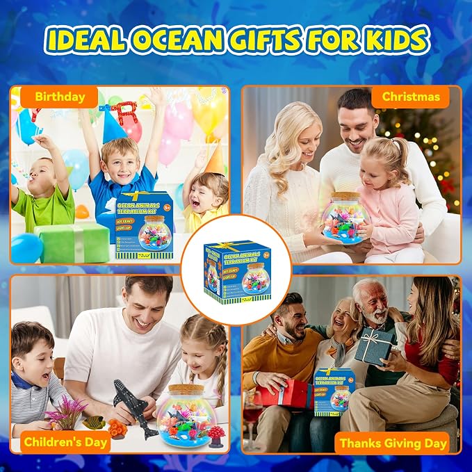 7july Ocean Animals Terrarium Crafts Kit for Kids-LED Night Light Up & Remote Birthday Gifts Toys for Girls Ages5 6 7 8 9 10 Year Old