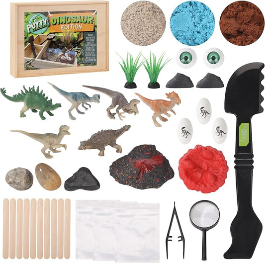 Dinosaur Sensory Bin Kit for Kids - Wooden Sensory Box with Putty, Dino Figures, Volcano & Tools | Montessori STEM Learning Toy | Dinosaur Excavation & Imaginative Play Set for Boys & Girls Ages 4-8