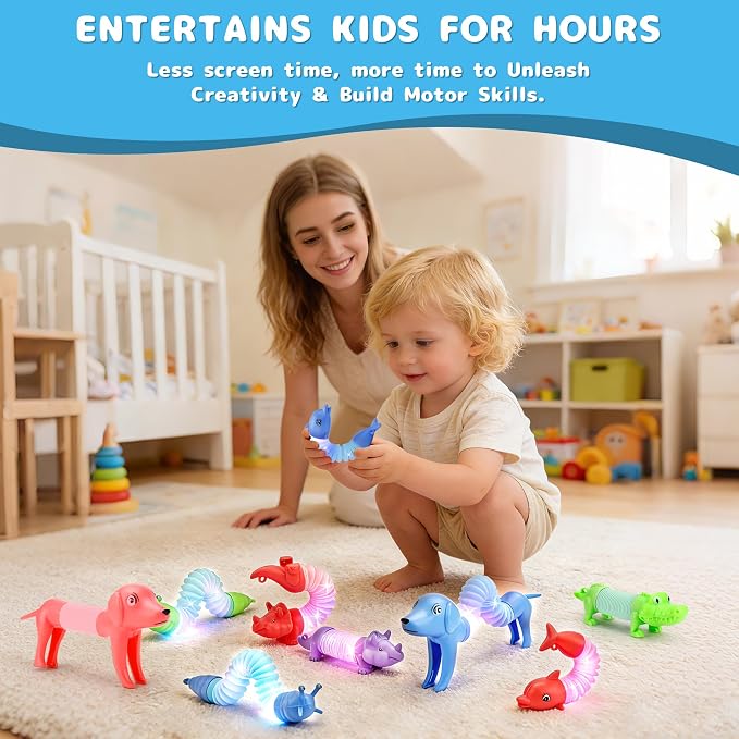 20 PCS LED Animal Pop Tubes Fidget Toys, Party Favors Toddlers Kids Travel Entertainments, Classroom Prizes,Carnival Prizes,Piñata Stuffers,Stress Relief Sensory Toys for Kids 3-8