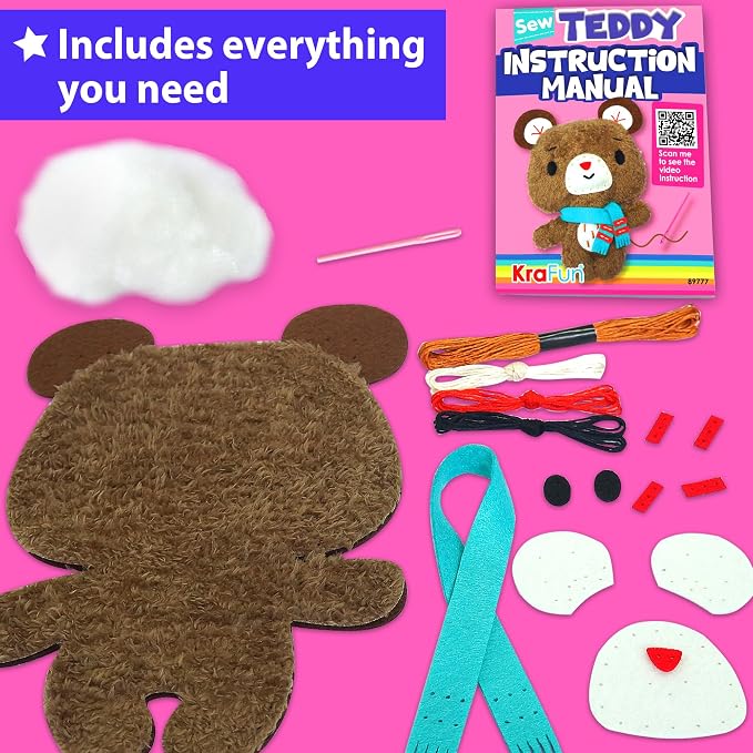 KRAFUN Teddy Bear Sewing Kit for Kids Ages 8-12 - No Scissors | Pre-cut & pre-punched felt, no glue needed. Child-safe needle. Sew your own teddy. Beginner craft gift for girls & boys