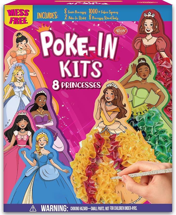 8 Packs Poke in Crafts Art Kits for Girl, Magical Prienceses Mess Free Kids' Paper Craft Kits, Birthday Gift for Girls 4 5 6 7 8 9 Years Old, DIY Presents, Mess Free Art Activity