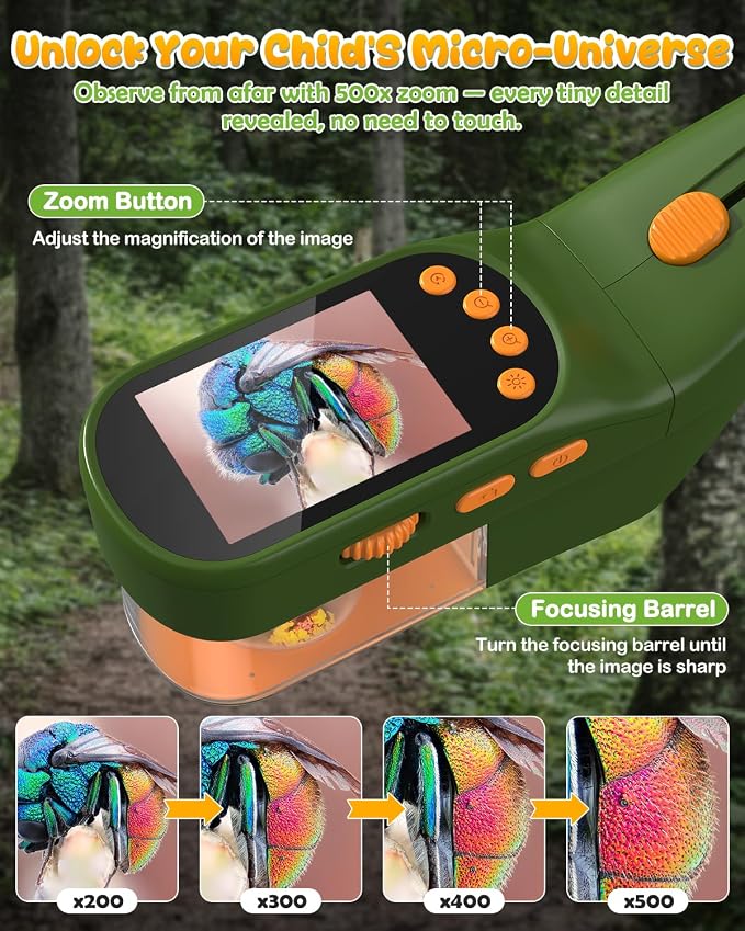 Bug Catcher for Kids,Kids Microscope,3-in-1 Insect Catching Kit for Kid | 2MP Camera Screen STEM Learning Toy,500x Magnification Insect Viewer Nature Exploration Outdoor Educational Gift for Boy Girl