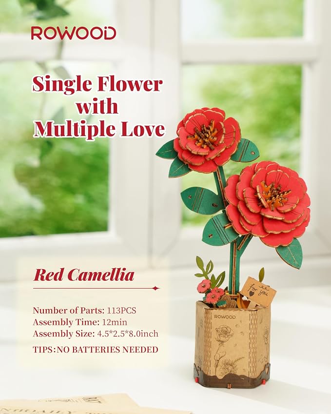 rowood 3D Puzzle,Mother's Day DIY Wooden Flower Craft Kit Building Set,Botanical Collection Home Decor, Valentine's Day/Teacher's Day/Christmas/Birthday Gift for Mom/Women/Grandma-Red Camellia