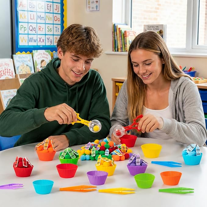 EZdhuawuse Crayon Sensory Bin Fillers, 321Pcs Back to School Fine Motor Set | Counting Sorting Summer Gift for Teens Students Adults, Colorful Felt Crayons Pom Poms Cup Clip, School Education Activities