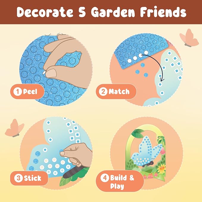 BINCA Foam Sticker Mosaic Art Activity, 750+ 3D Glitter Foam Stickers, 5 Garden Animals with Display Arch, DIY Mess-Free Activities, Gifts for Boys & Girls Ages 5,6,7,8