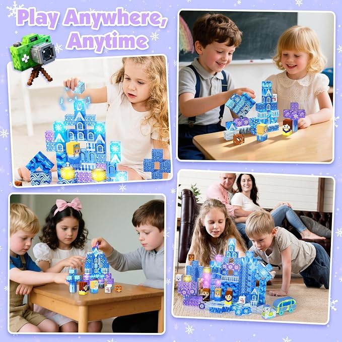 200 PCS Light Up Magnetic Blocks, Transparent Magnetic Building Block for Blue Snow Princess Castle, Frozen Magnet Cubes STEM Toys for Girls Age 3 4 5 6 7 8 9 10 11 12 13 Birthdays Gift for Kids