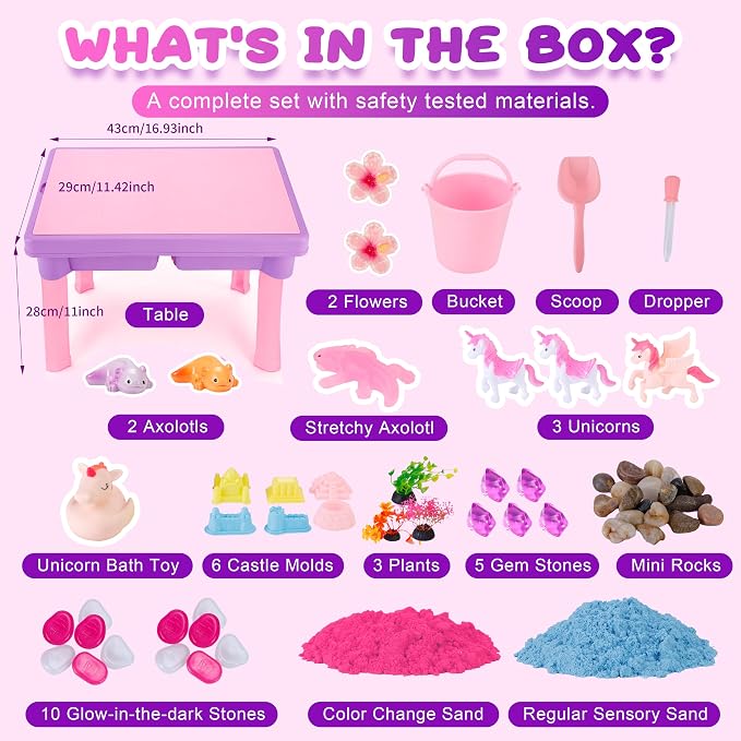 Unicorn & Axolotl 2 in 1 Sand and Water Table, Sensory Table with Sand | Standing sand box with lid, sensory sand, indoor outdoor sand kit, glow stones, sensory play activity table for girls & boys