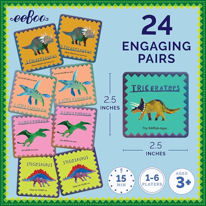 eeBoo Shiny Dinosaur Memory & Matching Game, Ages 3+, 1-4 Players | Teaches dinosaur names & pronunciation. Sharpens recognition, concentration & memory skills. Includes 48 foil tiles, 24 pairs