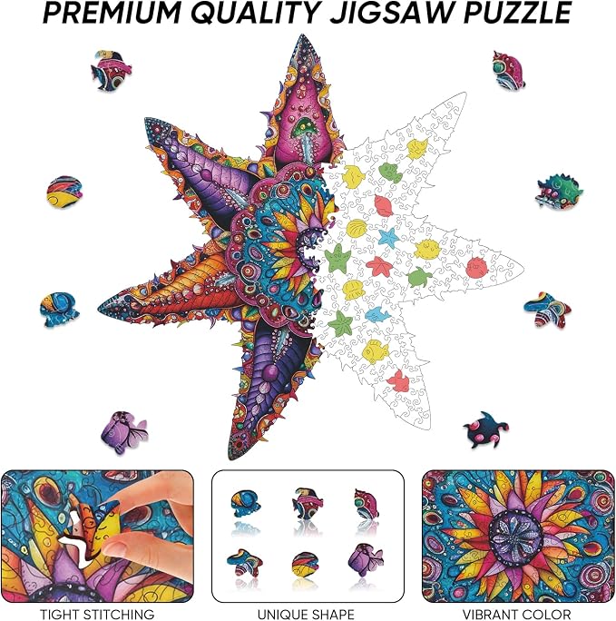 Qiuenisray Wooden Puzzles for Adults, Starfish Ocean Jigsaw Puzzles | 200 Pieces, FSC Certified Unique Shape Animal Adult Puzzles, Unique Wood Puzzle, Best Gift for Family Game 14.3x14.3 in