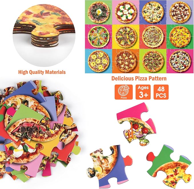 Jumbo Floor Puzzle for Kids,48 Piece Pizza Jigsaw Puzzle Ages 3-8 | Food-themed Learning Puzzle with Colorful Pizza,Extra-thick Cardboard,35x24 in Completed,Gift for Boys and Girls