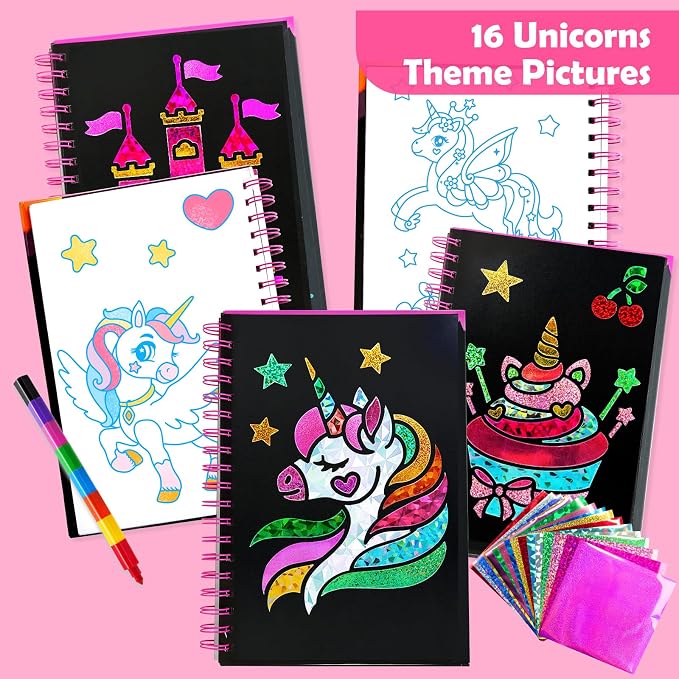 FUNNYB&G Foil Art Craft Kit for Kids, Sparkly Birthday Gift Toy for Girls | No Mess, Kids Ages 4-10 Create Sparkling Artwork, A Creative Gift for Birthdays, Holidays, Travel Activities,Screen-Free Fun