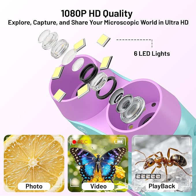 1000X Handheld Microscope for Kids 2.0" Screen 32GB Card Included | Rechargeable 3 in 1 Pocket Digital Kids Microscopes with Camera & Selfie Lens, Edu Science Kits for Kids 4-6 8-12 Purple