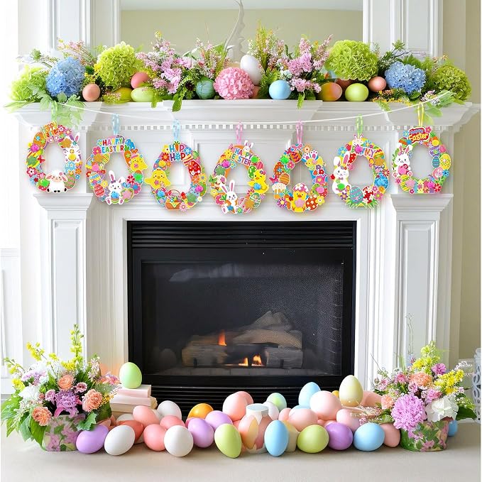 Hollowfly 48 Sets Easter Wreath Craft Kits DIY Paper Ornaments Stickers | For Kids Party Favors and Classroom Activities, Hangable Door Decor, Bulk Easter Craft Supplies for Spring Celebrations