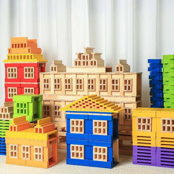 Premium 300 Pcs Rainbow Wooden Building Planks Kit, Open-Ended Creative Building Blocks Set for Kids Ages 3-12,Colorful Pine STEM Construction Toys - Educational Sorting & Patterning Gift (4.65 in)