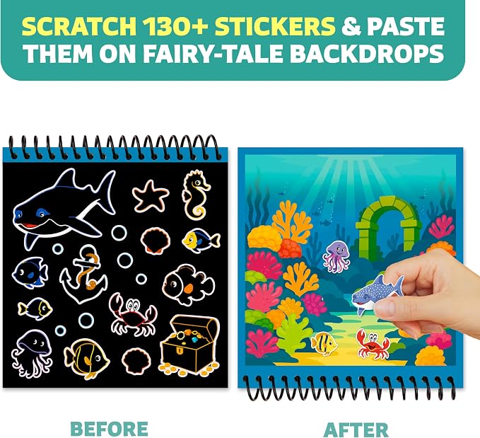 Scratch Craft Art Kit for Kids, Book with 30 Pictures & 130+ Stickers | Ages 3-8, magical fairy-tale art with black scratch-off pads, children DIY supplies, creative gift activity for boys & girls