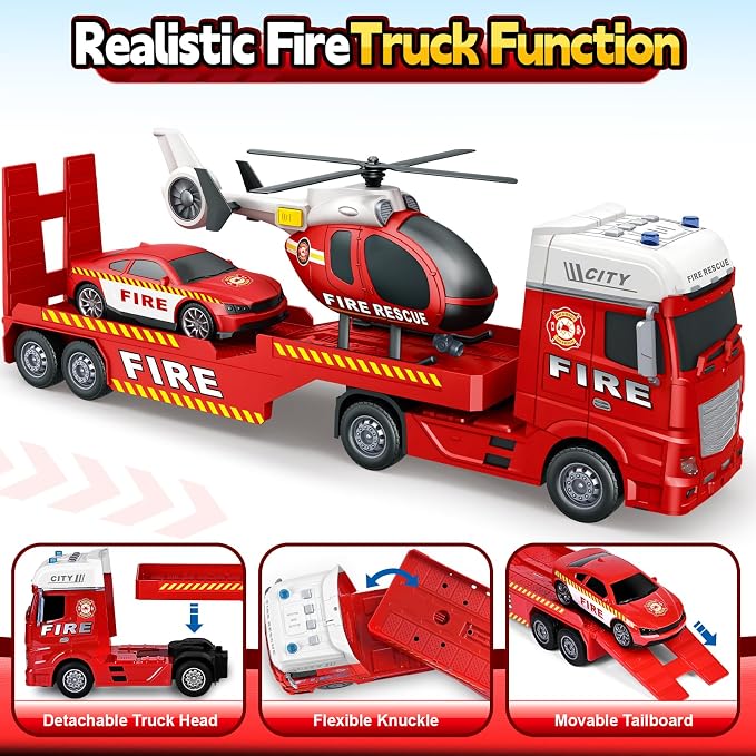 Kids Toys for 3 4 5 6 7 8 Years Old Boys, 25" Fire Truck Toy with Racing Car and Helicopter, Toddler Friction Powered Truck Vehicle Toy with Lights, Sounds for Boys Girls Christmas Birthday Gifts