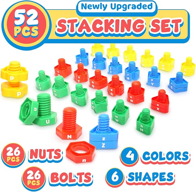 Letters Learning Matching Game | Preschool Toys Set for Toddlers | 26 Alphabet Learning Toys with 52 pcs Nuts and Bolts Sorting & Stacking Toys, ABC learning Educational Montessori Toy for Kids