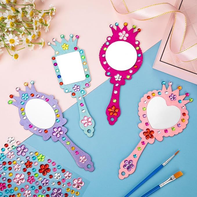 24Pcs Wooden Princess Mirror Craft Party Favors for Kids DIY Decorate | Hand Mirror, For Girls Art Activities