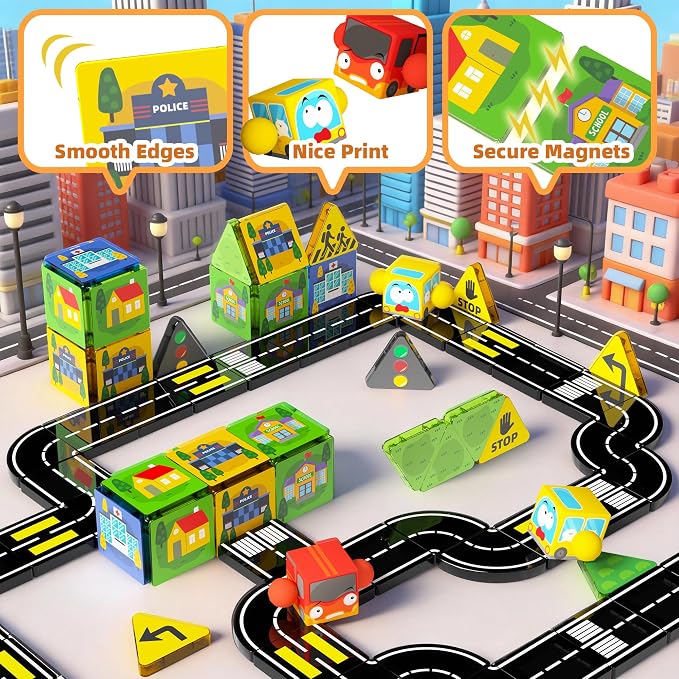 GobiDex Mini Magnetic Tiles Road Set with 2 Cars for Kids Ages 3+ | Travel Magnetic Building Blocks, STEM Educational Sensory Preschool Toys, Birthday Gifts for Boys & Girls Toys Age 4-6 6-8