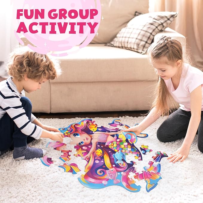 BenBen Floor Puzzle for Kids Ages 3-8, Mermaid Shaped Large Piece Puzzles | 52 Pieces Extra-Thick Jumbo Jigsaw Puzzle for Toddlers Ages 4-6, Preschool Educational Toys with Storage Box for Girls Boys