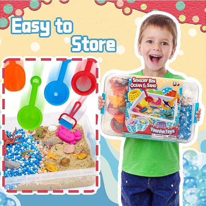 Ocean & Sand Sensory Bin with Lid, 42 Pcs Sea Animals Kit Preschool Tool | Developmental Birthday Gifts Boys Girls and Kids, Learning Activities Box, Outdoor Sandbox Toys for Toddlers