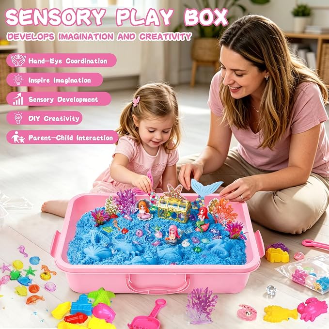 Pakimio Mermaid Sensory Sand Kit for Kids, Complete Sensory Bin with Lid | 2.64lbs Magic Sand, Mermaid Figures & Ocean Molds, STEM Montessori Sensory Toys for Kids 3-8, Girl Christmas Birthday Gifts