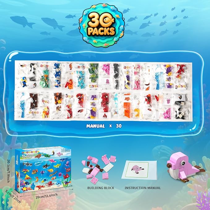 30 Pack Marine Animals Party Favors For Kids Building Set for Boys Girls 6+ | 824PCS Building Blocks for Party Favors Goodie Bags Fillers Stocking Stuffers Classroom Prizes Toy Birthday Valentines Gifts