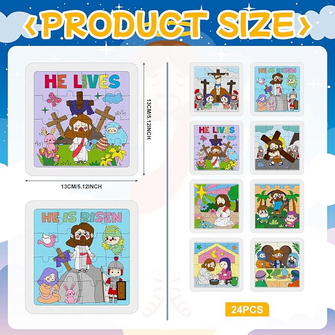 Cinrobiye 24 Pcs Christian Easter Coloring Jigsaw Craft Kit for Kids, DIY He is Risen Activity Set with 8 Designs, Religious Party Favors, Sunday School Classroom Art Projects