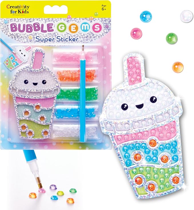Creativity for Kids Bubble Gem Super Sticker: Bubble Tea - Boba Tea Crafts and Diamond Painting Kits for Kids, Mini Craft Kit and Summer Activities for Kids (Ages 6+)
