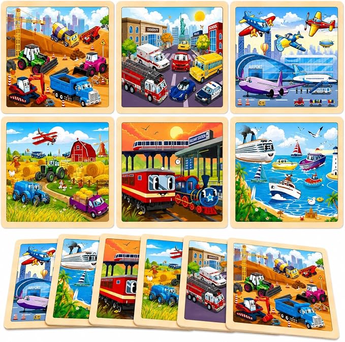 Wooden Puzzles for Toddlers 3-5,6 in 1 Jigsaw Wooden Solar System Puzzles for Ages 4-6,Preschool Educational Brain Toys Gifts for Boys and Girls 2 4 3 5 Year Old（Vehicle）