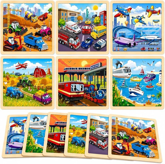 Wooden Puzzles for Toddlers 3-5,6 in 1 Jigsaw Wooden Solar System Puzzles for Ages 4-6,Preschool Educational Brain Toys Gifts for Boys and Girls 2 4 3 5 Year Old（Vehicle）