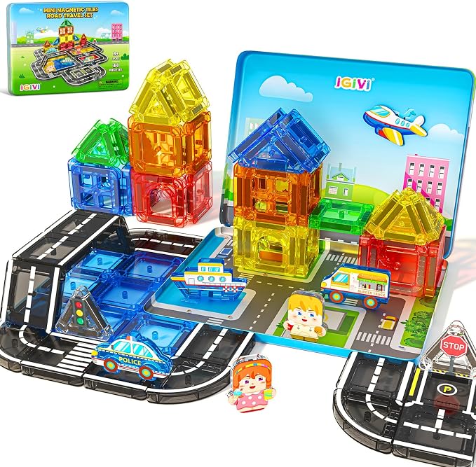 Mini Magnetic Tiles Road Travel Essentials Set — Portable STEM Sensory Magnetic Building Blocks for Toddlers & Preschool Toys, Compact Travel Toys for 3+ Boys & Girls, Easter Birthday Gift